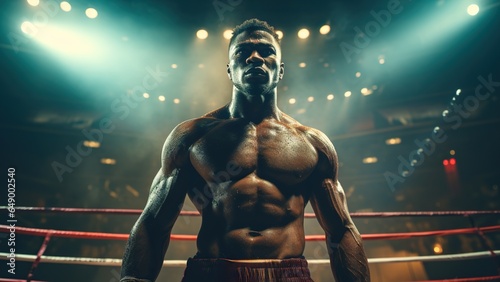 African american boxer in the ring, portrait under lights, black fighter is ready for fight © iridescentstreet