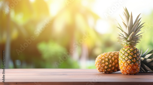 Pineapples on the wooden in blur green background