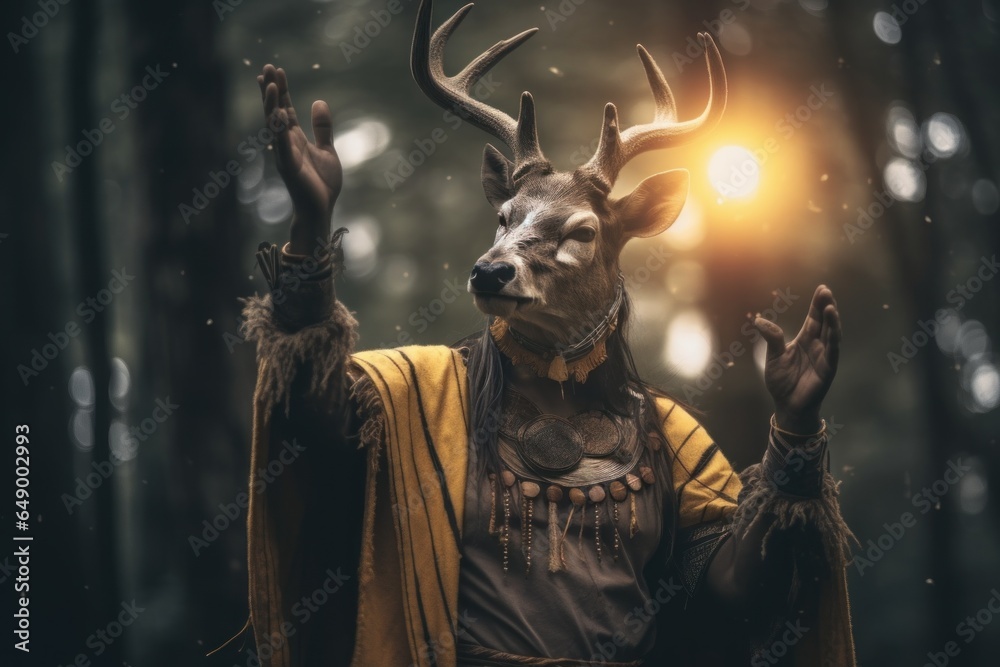 A man dressed as a deer shaman in a forest