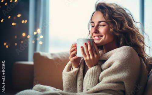 Happy positive lady enjoying hot drink daydreaming with mug in hands in cold cozy winter weekend morning. Generative AI