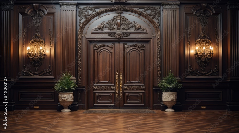 Image of an interior with a classic wooden door.