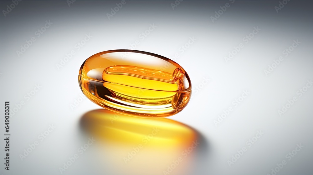 Close-up image of one fish oil capsule on a white background.