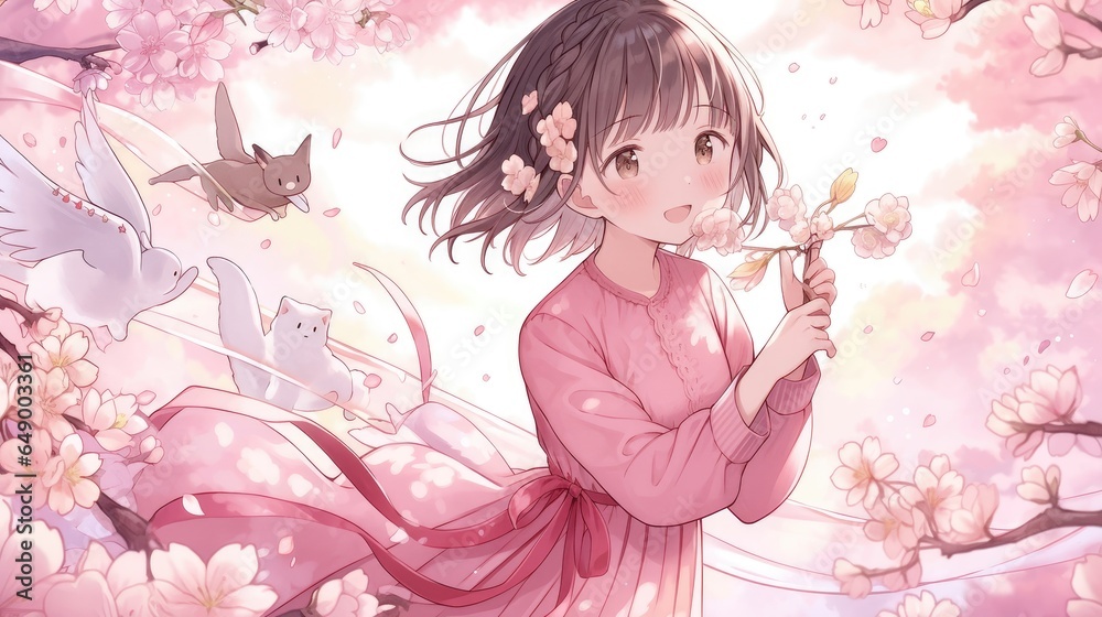 An image of an anime girl surrounded by sakura petals.