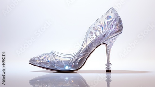 Close-up of a delicate glass slipper on a white background.