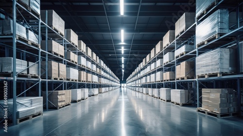 An image of a warehouse filled with neatly stacked pallets, shelves and boxes.