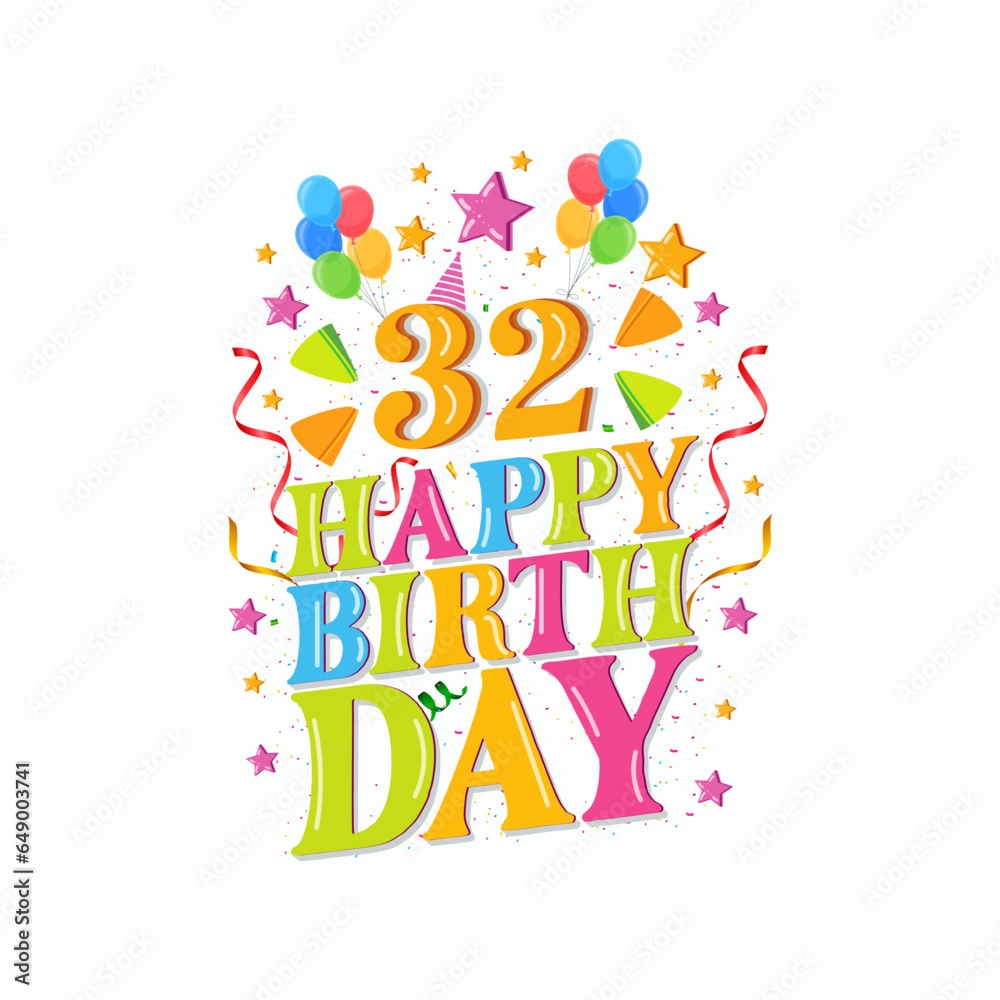 Fototapeta premium 32nd happy birthday logo with balloons, vector illustration design for birthday celebration, greeting card and invitation card.