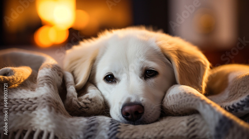 A white retriever nestled in a cozy blanket by the fireplace, portraying the epitome of comfort and companionship