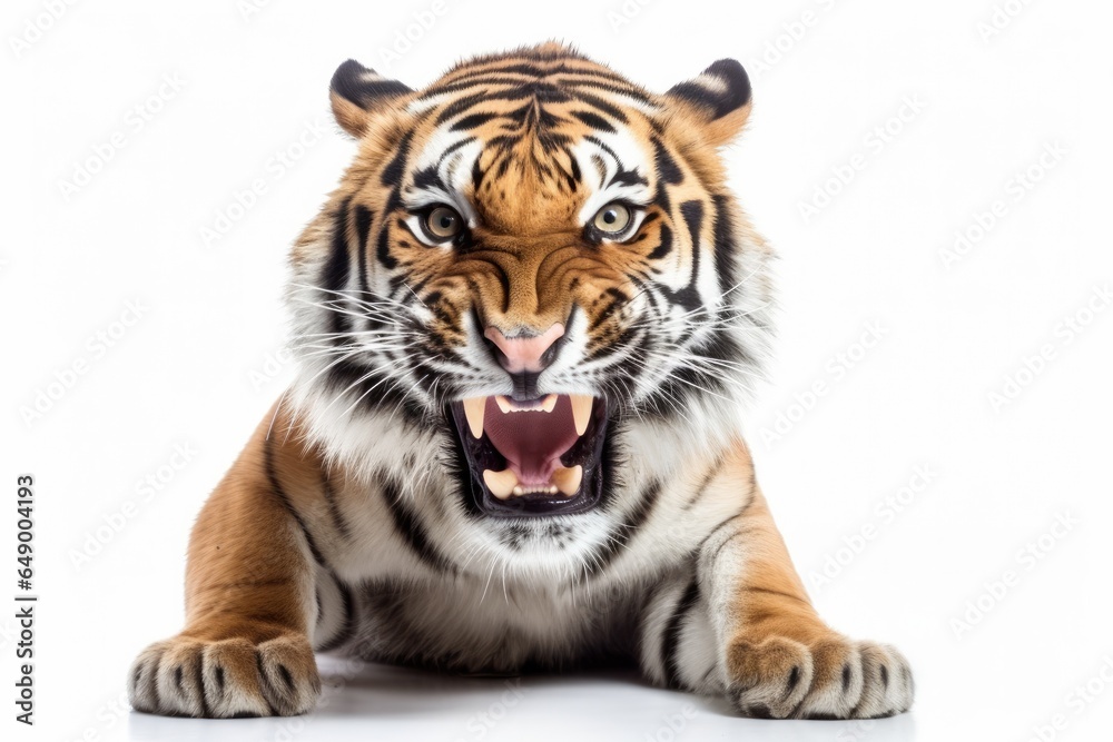 Dangerous aggressive tiger on a white background.
