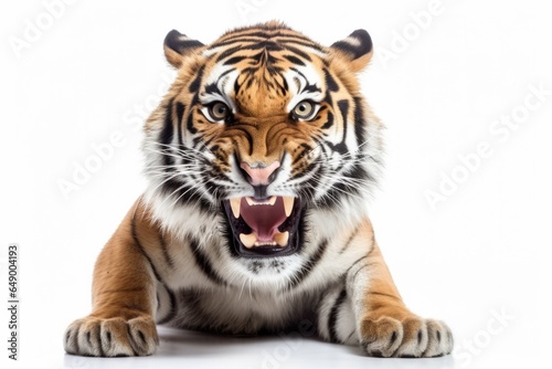 Dangerous aggressive tiger on a white background.