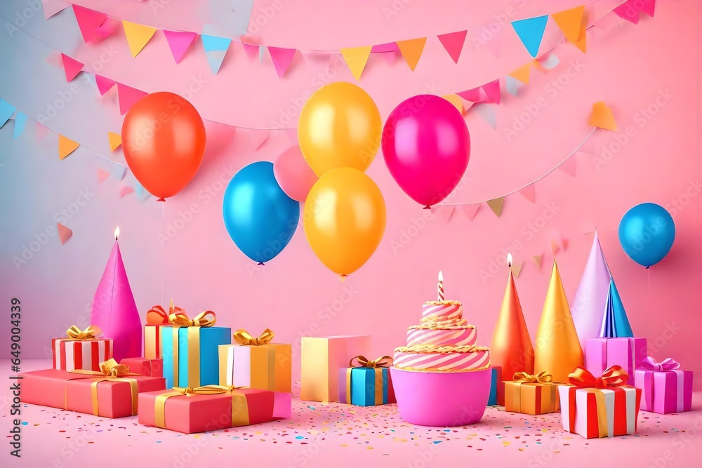 Birthday balloons and happy birthday cake with colorful candles Birthday balloons and happy birthday cake with colorful candles