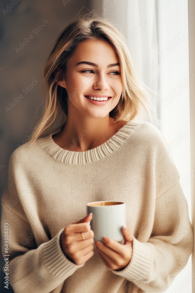 Happy positive lady enjoying hot drink daydreaming with mug in hands in cold cozy winter weekend morning. Generative AI