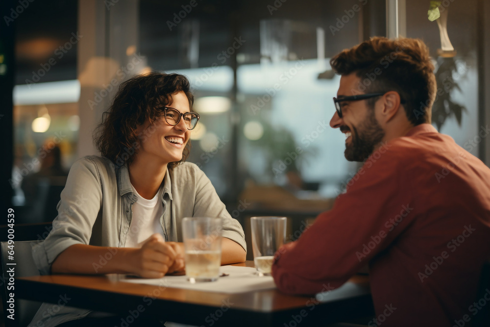 man and woman sitting at a table smiling on a date in a coffee shop