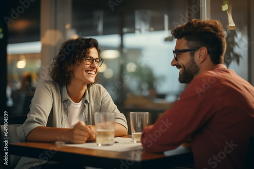 man and woman sitting at a table smiling on a date in a coffee shop © JLabrador