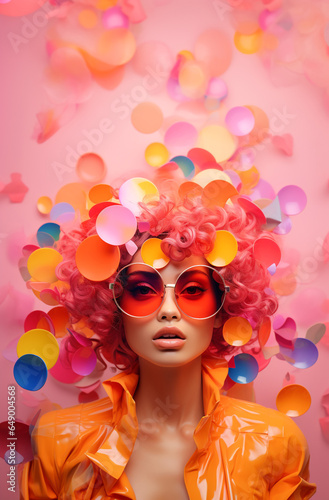 Frontal portrait of futuristic woman with big glasses, plastic clothes, pink afro style hair and big plastic confetti around. Pink background