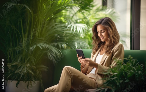 Young smiling business woman looking at smartphone. Generative AI