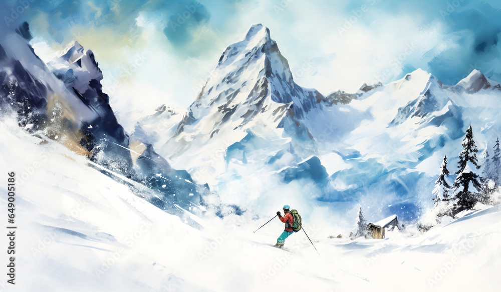 Winter landscape with skiing. Hobby time. AI generated