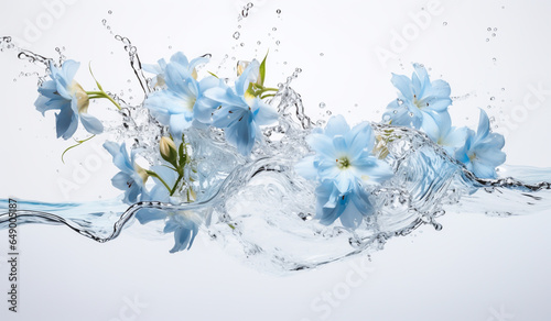 Delicate and fresh image of blue flowers in water. AI generated