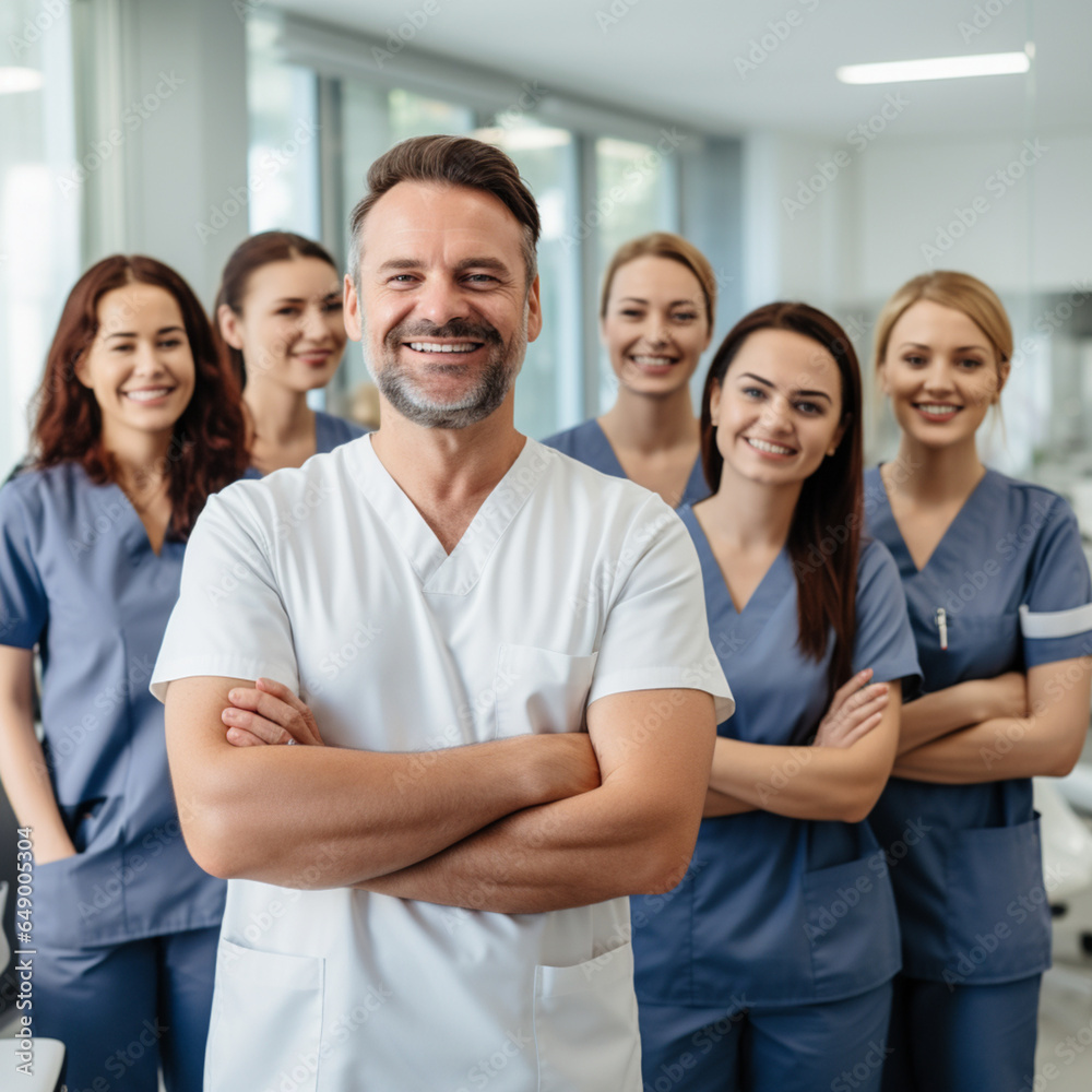 image of a confident dentist or dental team with happy patients in a modern, clean dental office