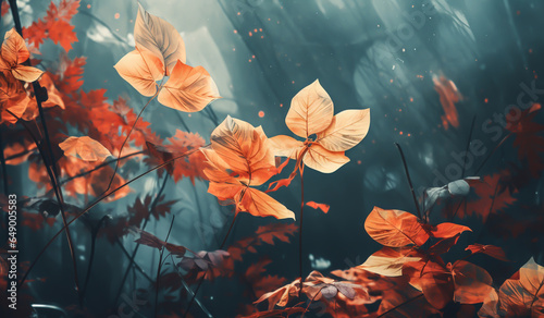 Autumn leaves falling in the landscape in double exposure. AI generated