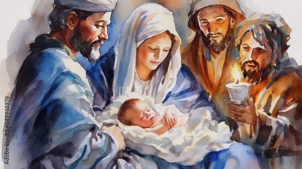 Nativity scene, Christmas watercolor, generative ai