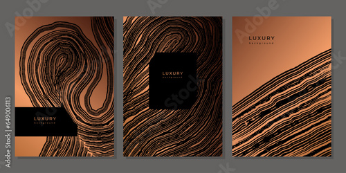 Set of templates. Luxury golden background with wood annual rings texture. Banner with tree ring pattern. Stamp of tree trunk in section. Wooden concentric circles. Black and bronze marble background