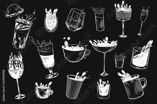 Drawn on chalkboard cup of spilled coffee. Different spilled drinks. Splash of wine, tea, cocktail, whiskey. Alcoholic drinks with splash. Beverage drawing with hatching. Sketch style drinking glasses