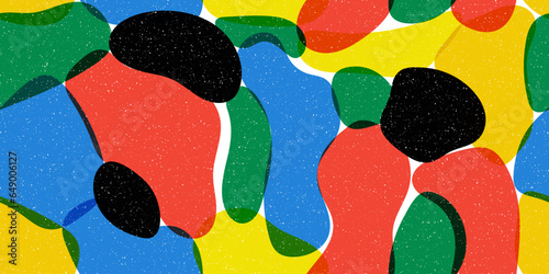 90s style retro seamless pattern with geometric shapes. Multi colored curved spots. Stained pattern with grainy texture. Risograph style background with layering and shifting shapes