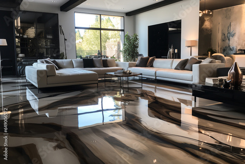 Panning shot of the interior of a hotel lobby with a seamless glossy epoxy floor.