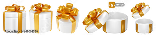 Set of 3d realistic white satin gift boxes in circle shape with luxury golden bow. Open and closed. Holiday design element for birthday, wedding, advertising banner of sale and other events. Vector
