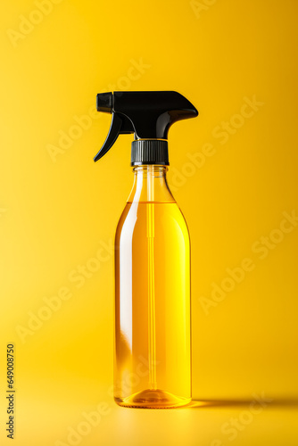 A reusable glass cleaning spray bottle isolated on a yellow gradient background 