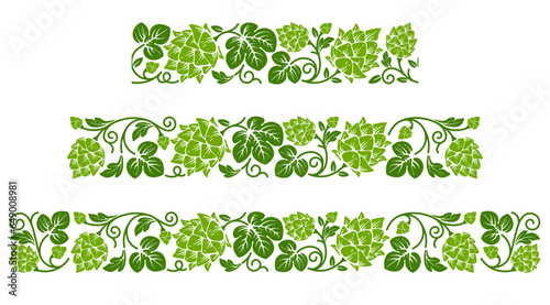 Set of border with patterns of hop plant or malt, ripe hops cones, branches and leaves. Seamless pattern, decoration and ornament with corner elements. Vector illustration