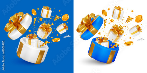 Giveaway, sale or win, birthday celebration concept. 3d realistic open gift box, gifts, coins and confetti fly out from it, like explosion, isolated on blue and white background. Vector illustration
