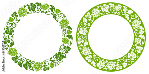 Set of circle frames with patterns of hop plant or malt, ripe hops cones, branches and leaves. Elegance ornament, decoration for beer label, packages for cosmetics etc. Vector illustration