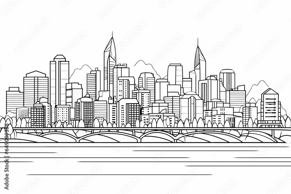 Thin line style city panorama. Outline cityscape Wide horizontal panorama. Black white vector