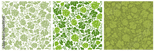 Set of seamless patterns with hop plant or malt, ripe hops cones, branches and leaves. Elegance ornament, background, decoration for beer label, packages for cosmetics etc. Vector illustration