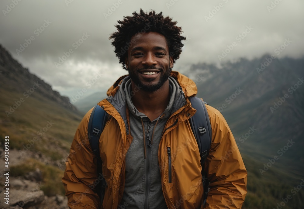 Afro men hiking smiling, mountain background Afro men hiking smiling, mountain background