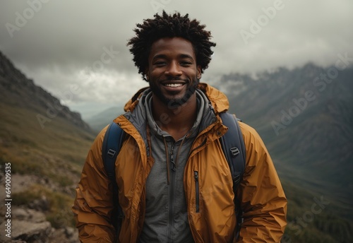 Afro men hiking smiling, mountain background