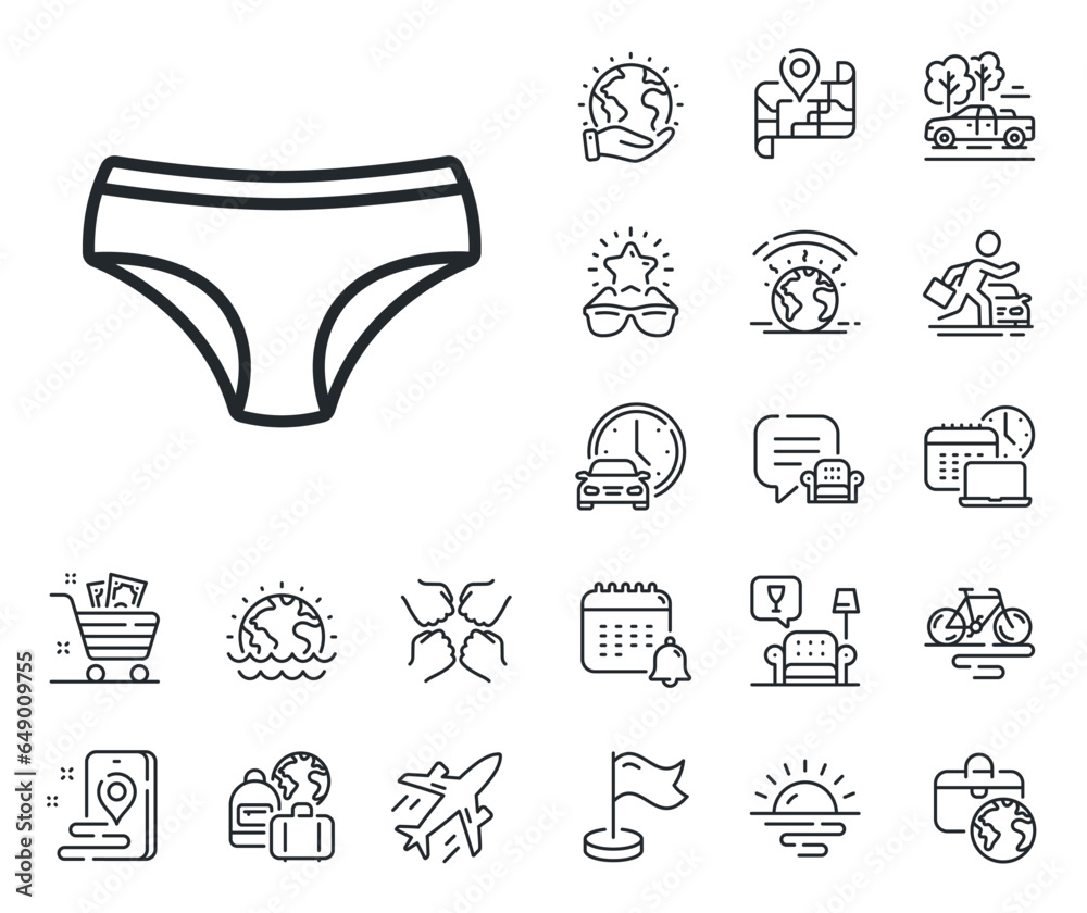 Underwear pants sign. Plane jet, travel map and baggage claim outline icons. Panties line icon. Women undies lingerie symbol. Panties line sign. Car rental, taxi transport icon. Place location. Vector