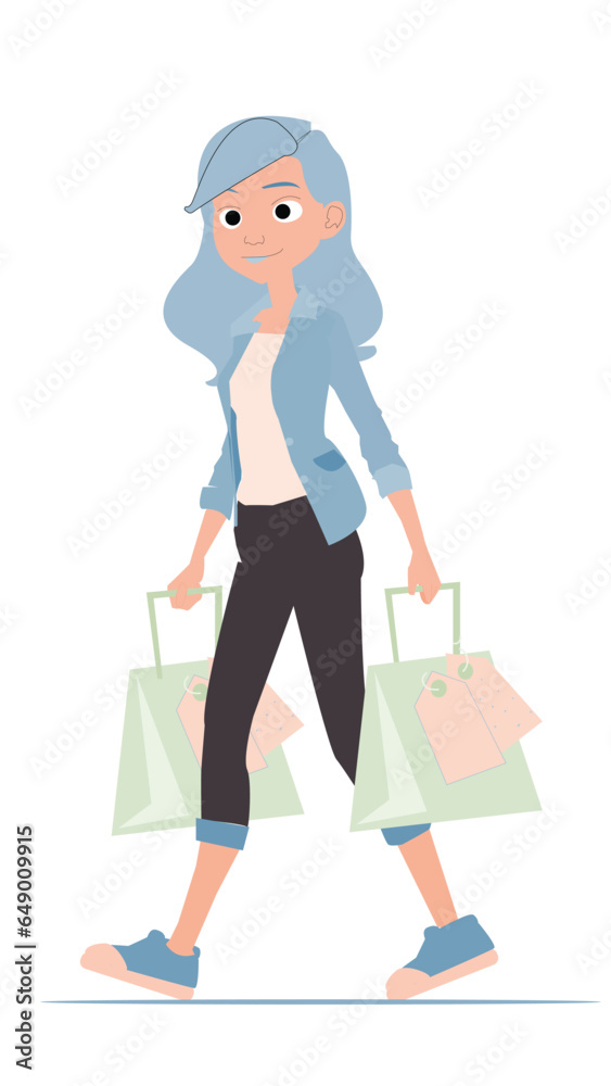 Online shopping and E-commerce concept. Sale, orders, online payment, delivery, loyalty program. Woman with shopping bags.