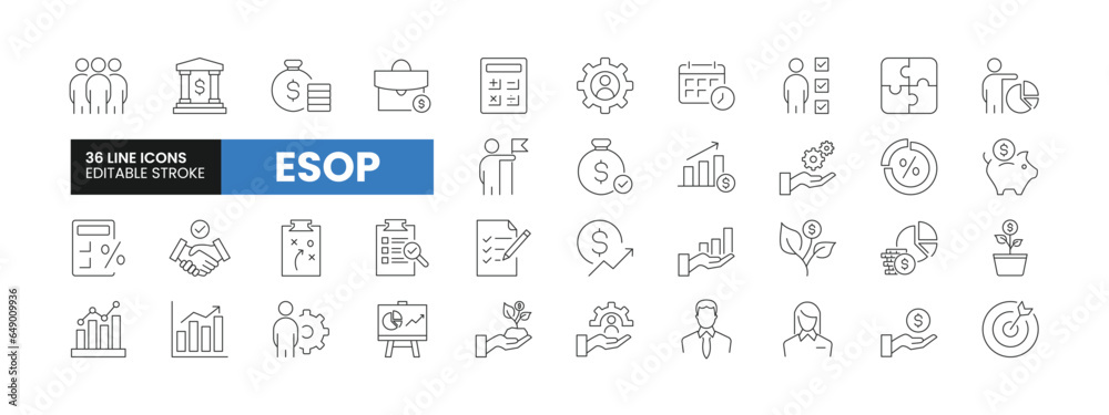 Set of 36 ESOP line icons set. ESOP outline icons with editable stroke collection. Includes Employee, Stock, Ownership, Plan, Management, and More. - obrazy, fototapety, plakaty 