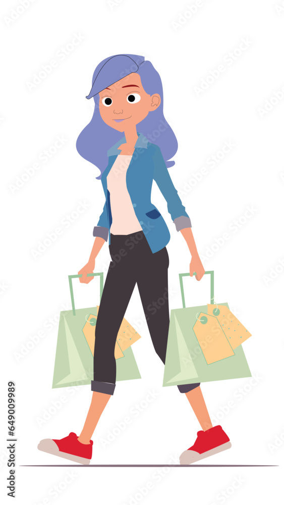 Online shopping and E-commerce concept. Sale, orders, online payment, delivery, loyalty program. Woman with shopping bags.