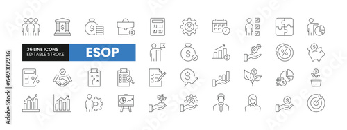 Set of 36 ESOP line icons set. ESOP outline icons with editable stroke collection. Includes Employee, Stock, Ownership, Plan, Management, and More. photo