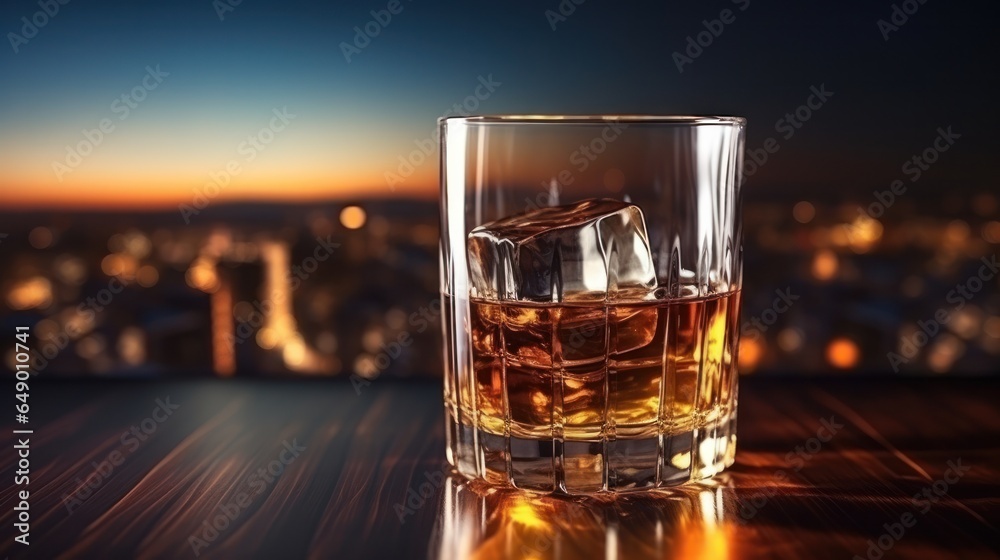 Glass of whiskey with ice cubes Glass of whiskey with ice cubes