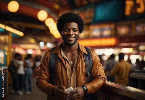 Bussines afro men smiling wearing casual outfit in night amusement park