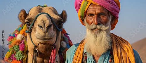 Indian men on camels in deserts of india © olegganko