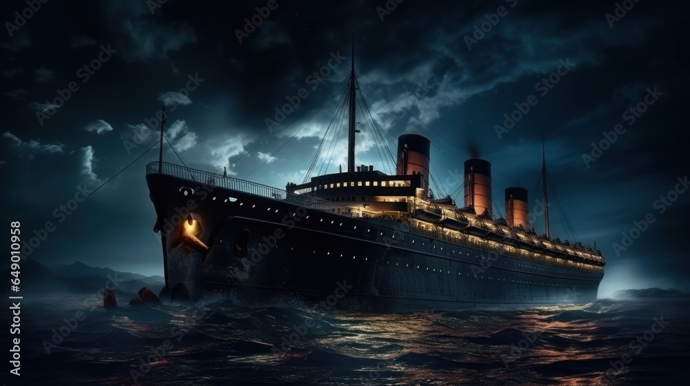 Fototapeta premium A ship in rough waters in an ominous sky