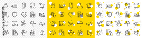 Outline Teamwork questions, Cogwheel settings and Cloud computing line icons pack for web with Report statistics, Smartphone glass, Dating app line icon. Qr code, Notification bell. Vector