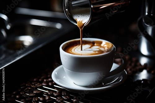 A barista pouring latte into a cup