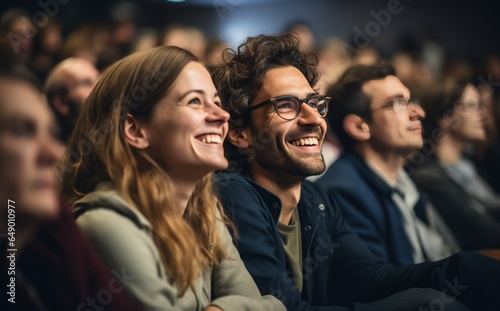 A group of people are laughing in an auditorium