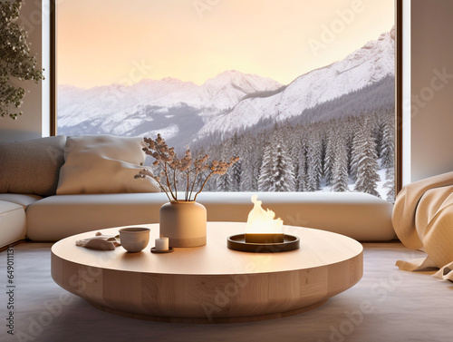 A Scandinavian-inspired modern living space with uncluttered aesthetics, earthy tones, and a panoramic snowy mountain view, bathed in late afternoon glow, exuding cozy simplicity.
